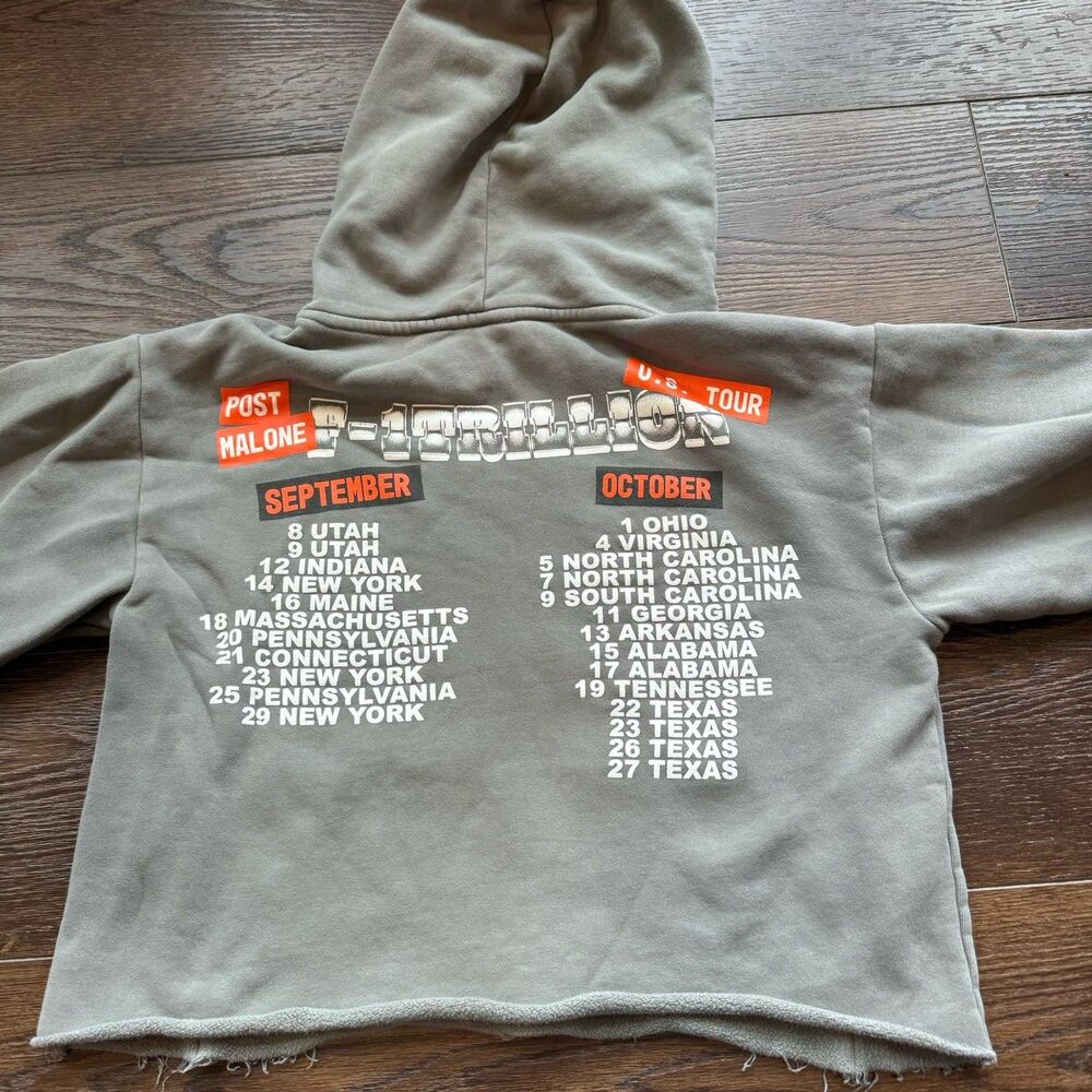 Post Malone F-1 Trillion U.S. Tour Hoodie Cropped Distressed Gray Size Small - Picture 8 of 9